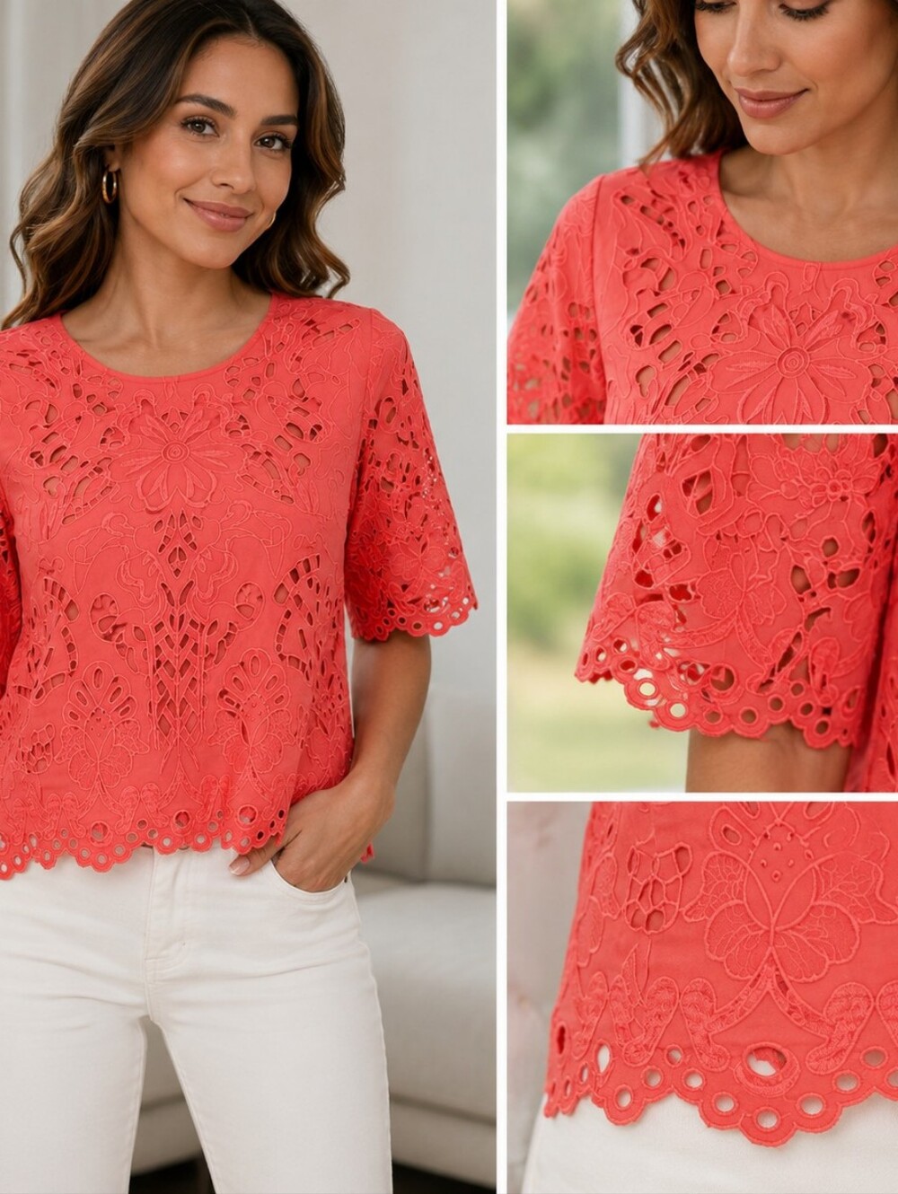 bebe Vintage Coral Cutout Eyelet Lace Short Sleeve Top Size M
